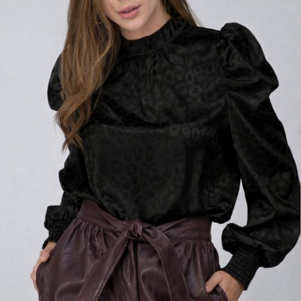 Jealous Tomato Black Leopard Puff Sleeve Blouse – Size Large | NWOT